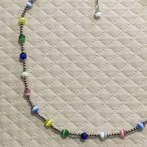 VTG Sterling Silver Multicolor Cats Eye Station Beaded Choker Necklace Extension - Picture 13 of 15